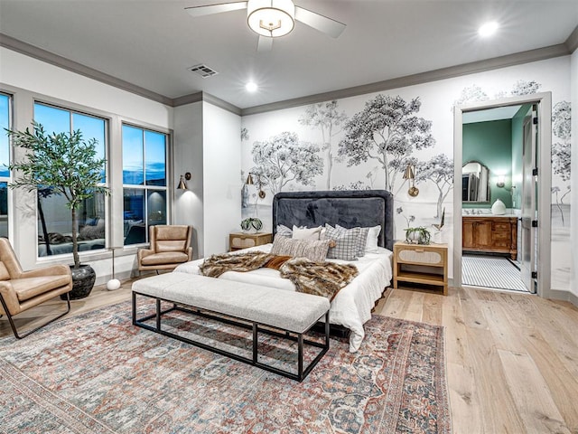 18443 Boardwalk Xing, Norman, OK 73072 - bedroom featuring visible vents, wood finished floors, ornamental molding, and recessed lighting