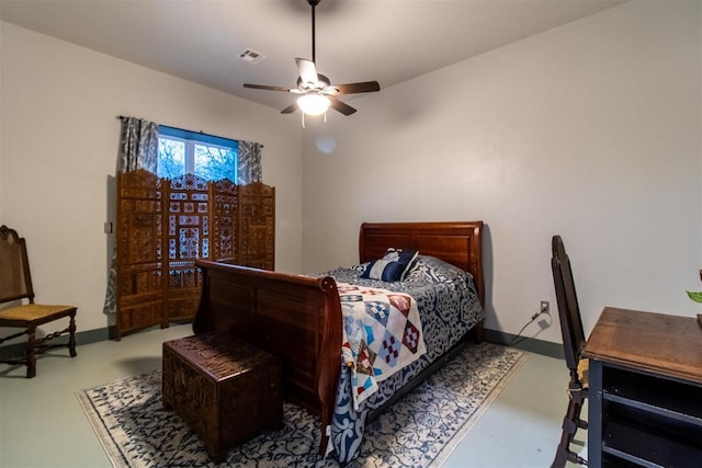 bedroom featuring visible vents, a ceiling fan, concrete floors, and baseboards