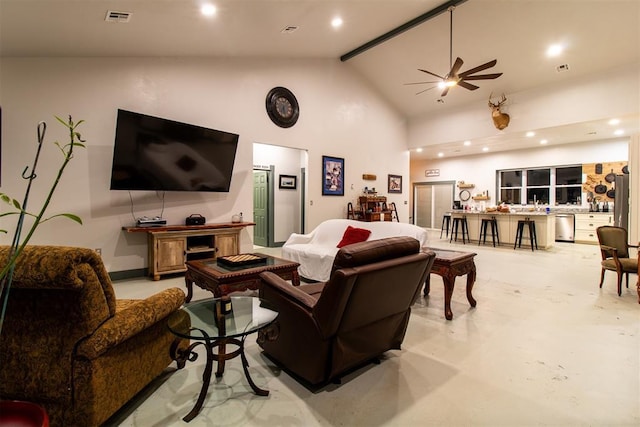 living area featuring a ceiling fan, finished concrete flooring, high vaulted ceiling, beamed ceiling, and recessed lighting