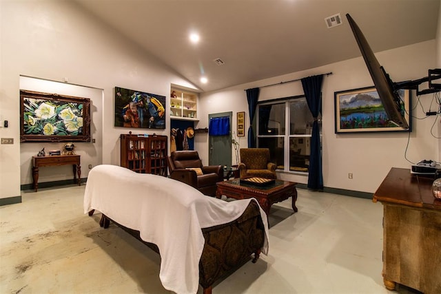 living room with concrete floors, recessed lighting, baseboards, lofted ceiling, and visible vents
