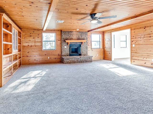 3402 Oakhurst Dr, Oklahoma City, OK 73110 - unfurnished living room featuring wooden walls, carpet floors, and wood ceiling