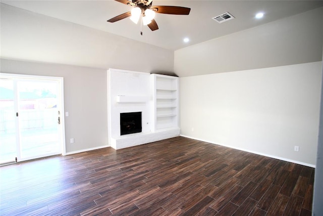 unfurnished living room with lofted ceiling, a ceiling fan, visible vents, and baseboards