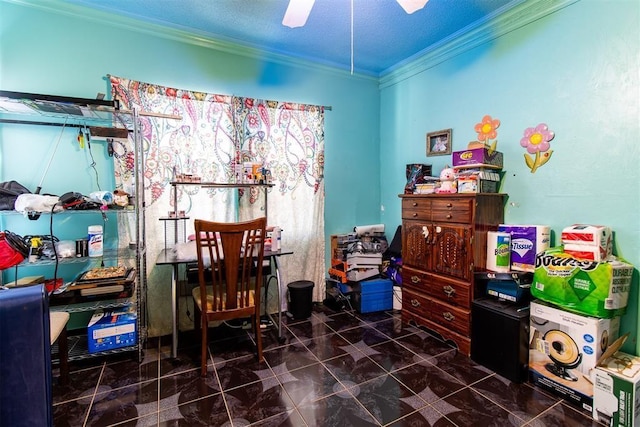 home office with ceiling fan and crown molding