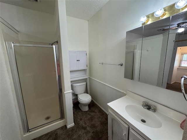 608 Roosevelt St, Seminole, OK 74868 - bathroom featuring baseboards, a shower stall, toilet, and vanity