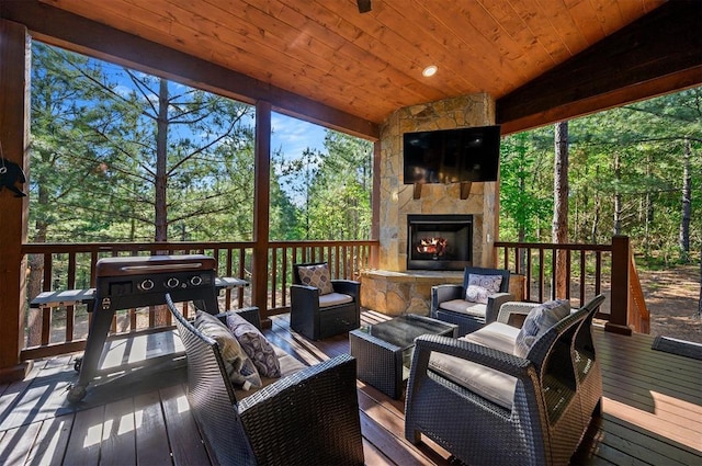 66 Morning Pines Trl, Broken Bow, OK 74728 - wooden terrace featuring an outdoor living space with a fireplace