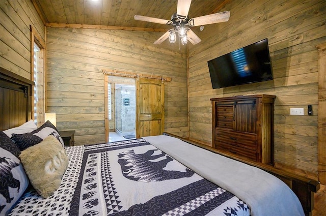 66 Morning Pines Trl, Broken Bow, OK 74728 - bedroom featuring wooden walls, wood ceiling, ceiling fan, and vaulted ceiling