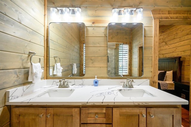 66 Morning Pines Trl, Broken Bow, OK 74728 - full bathroom featuring double vanity, wood walls, and a sink