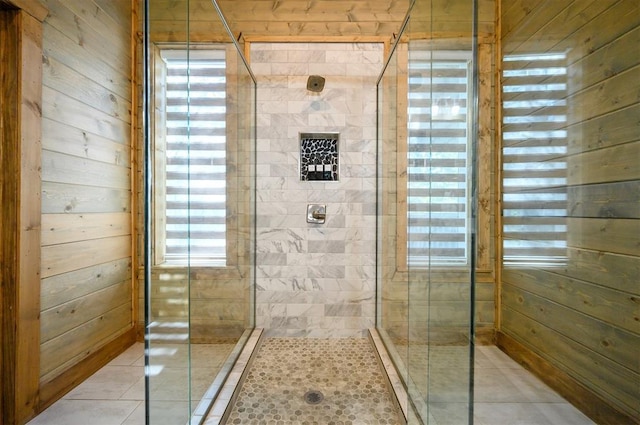 66 Morning Pines Trl, Broken Bow, OK 74728 - full bathroom with wooden walls, tile patterned floors, and a stall shower