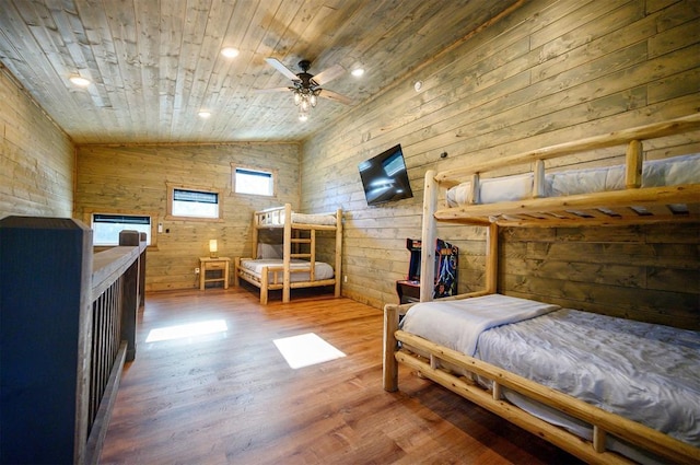 66 Morning Pines Trl, Broken Bow, OK 74728 - bedroom featuring wooden walls, wood ceiling, wood finished floors, and lofted ceiling