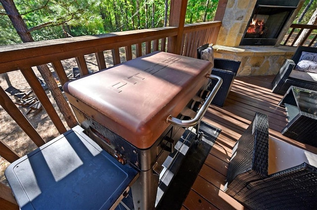 66 Morning Pines Trl, Broken Bow, OK 74728 - wooden deck with a tile fireplace
