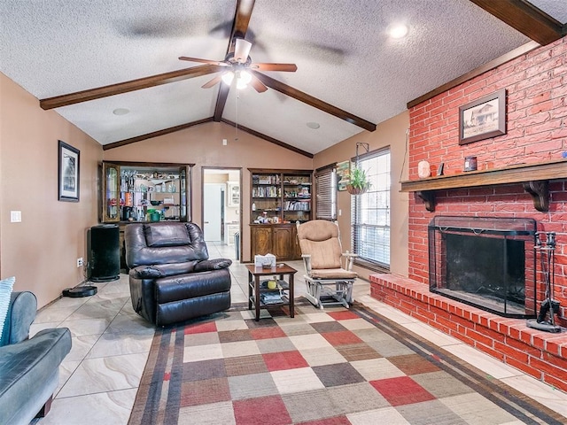 12141 Greenlawn Ave, Oklahoma City, OK 73170 - living room featuring a fireplace, a textured ceiling, lofted ceiling with beams, and ceiling fan