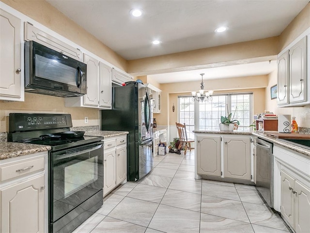 12141 Greenlawn Ave, Oklahoma City, OK 73170 - kitchen featuring white cabinets, light countertops, decorative light fixtures, black appliances, and a notable chandelier