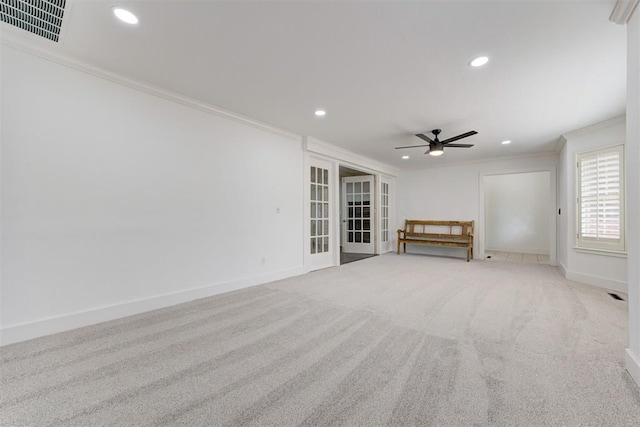 spare room featuring visible vents, ceiling fan, crown molding, and recessed lighting