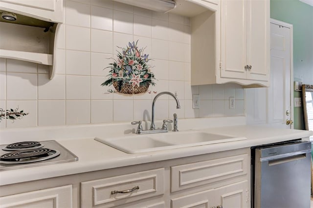 kitchen featuring a sink, backsplash, light countertops, dishwasher, and white cabinets
