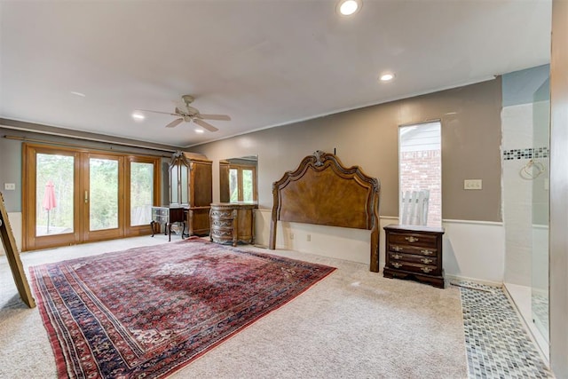carpeted bedroom with french doors, ceiling fan, recessed lighting, and access to exterior