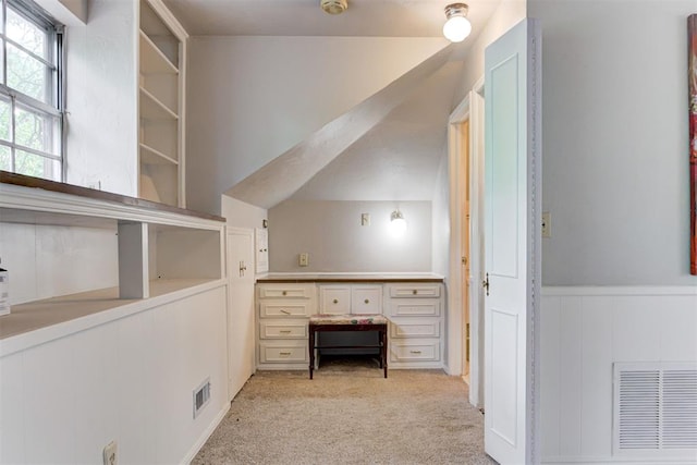 bonus room featuring light colored carpet, visible vents, and a wainscoted wall