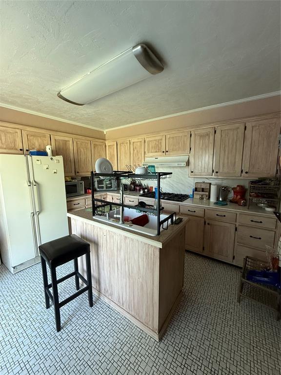 4108 N Broadway Ave, Hinton, OK 73047 - kitchen featuring stainless steel microwave, freestanding refrigerator, under cabinet range hood, light brown cabinetry, and a kitchen island with sink