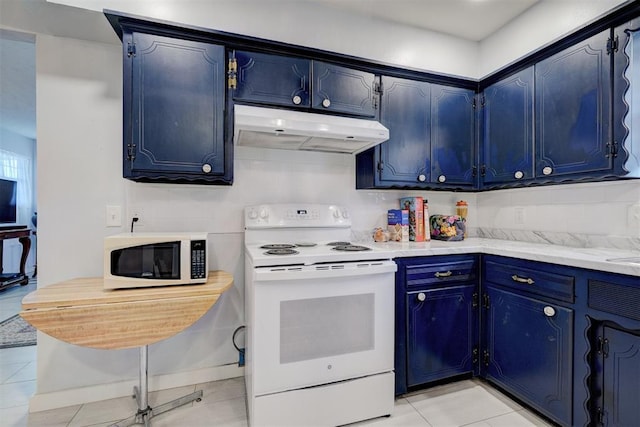kitchen with blue cabinets, light tile patterned flooring, white appliances, light countertops, and under cabinet range hood