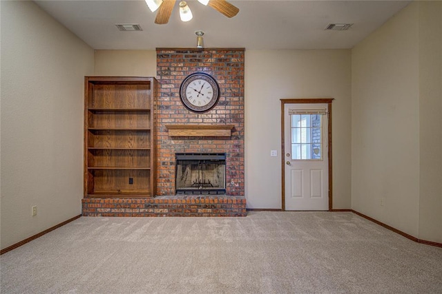 unfurnished living room with carpet, visible vents, a ceiling fan, and baseboards
