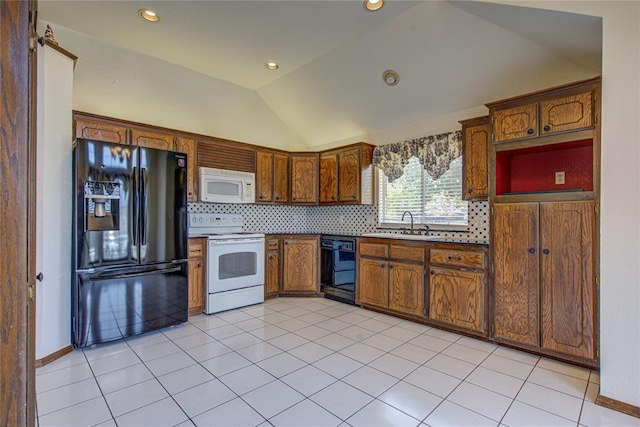 kitchen featuring recessed lighting, backsplash, vaulted ceiling, light tile patterned flooring, and black appliances