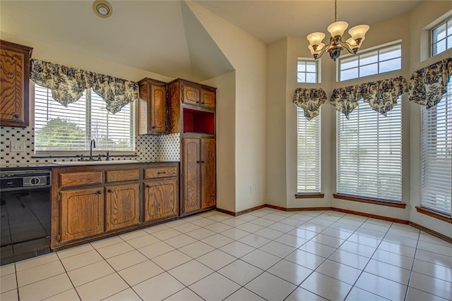 kitchen with tasteful backsplash, dishwasher, a sink, and an inviting chandelier