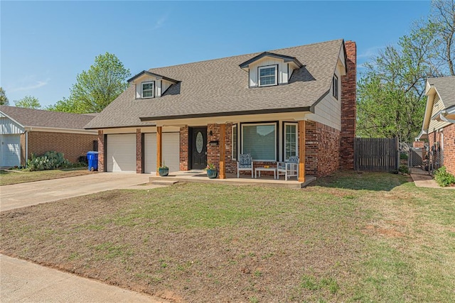 view of front of property featuring driveway, covered porch, fence, a garage, and brick siding