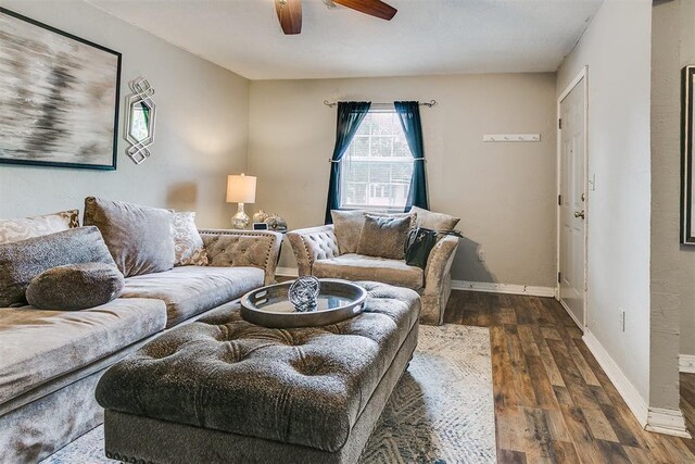 1115 W Eufaula St, Norman, OK 73069 - living room featuring ceiling fan, baseboards, and wood finished floors