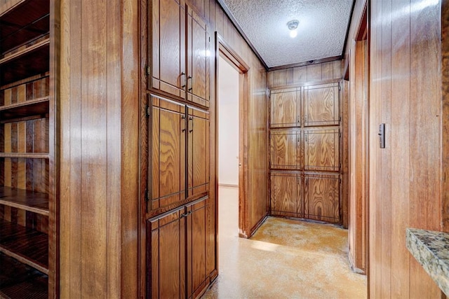 hallway with a textured ceiling and wood walls
