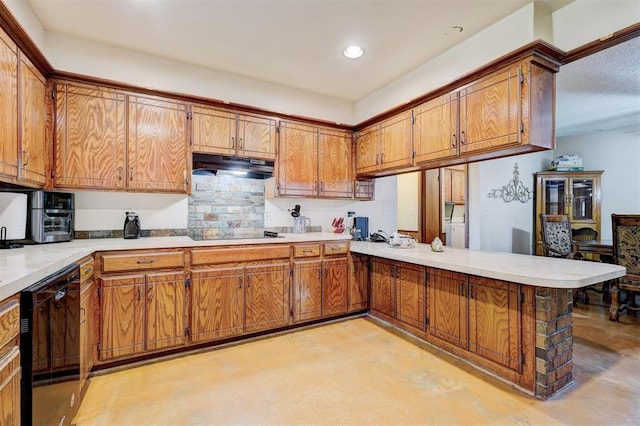 kitchen with brown cabinetry, under cabinet range hood, concrete floors, and black appliances