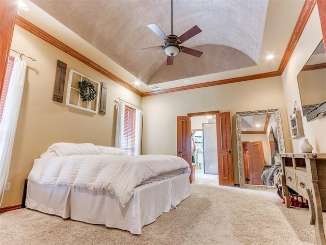 3116 Sycamore Dr, Moore, OK 73160 - bedroom with crown molding, vaulted ceiling, carpet, and a tray ceiling