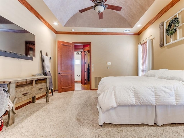 3116 Sycamore Dr, Moore, OK 73160 - carpeted bedroom with visible vents, recessed lighting, ornamental molding, and vaulted ceiling