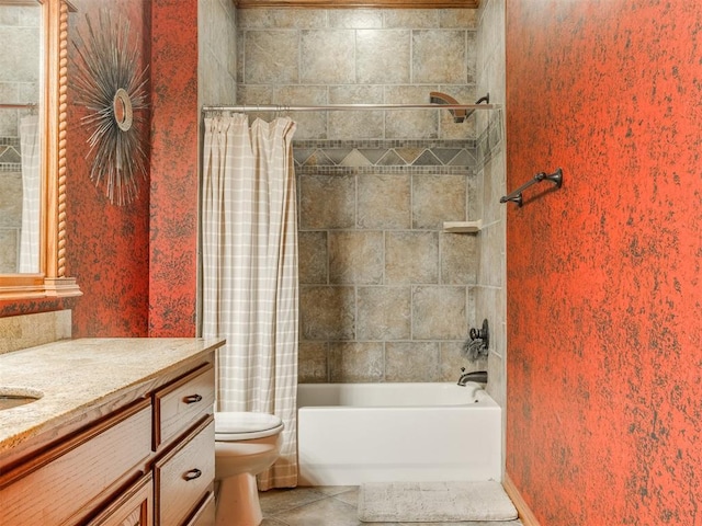 3116 Sycamore Dr, Moore, OK 73160 - bathroom featuring tile patterned floors, shower / bathtub combination with curtain, toilet, and vanity