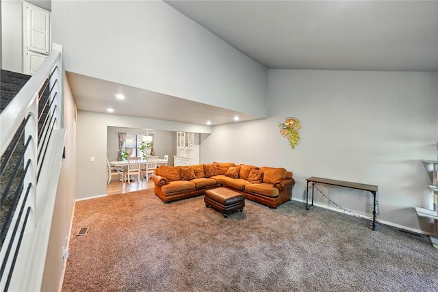 5029 NW 24th Pl, Oklahoma City, OK 73127 - living area featuring a high ceiling, baseboards, carpet, and recessed lighting