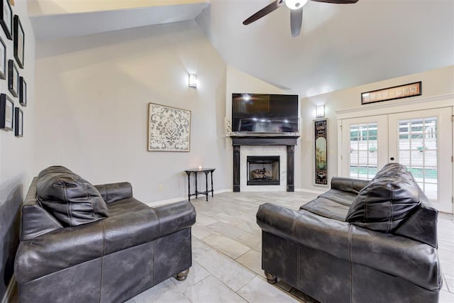 43855 Hunters Hill Dr, Shawnee, OK 74801 - living area featuring lofted ceiling, a ceiling fan, french doors, and a fireplace