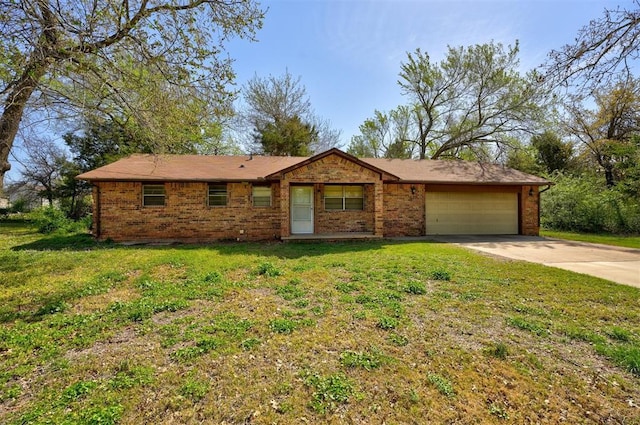 ranch-style house with concrete driveway, brick siding, a front yard, and a garage