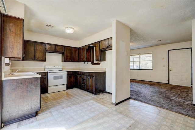 kitchen with dark brown cabinets, electric stove, visible vents, a sink, and a textured ceiling