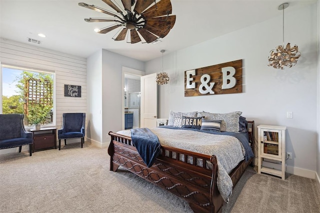 carpeted bedroom featuring baseboards, ceiling fan, recessed lighting, and visible vents