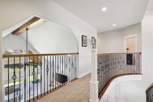 hallway featuring baseboards, an upstairs landing, recessed lighting, and carpet floors