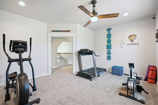 workout room with baseboards, recessed lighting, carpet flooring, and ceiling fan