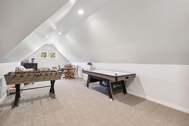 rec room with lofted ceiling, carpet flooring, recessed lighting, and baseboards