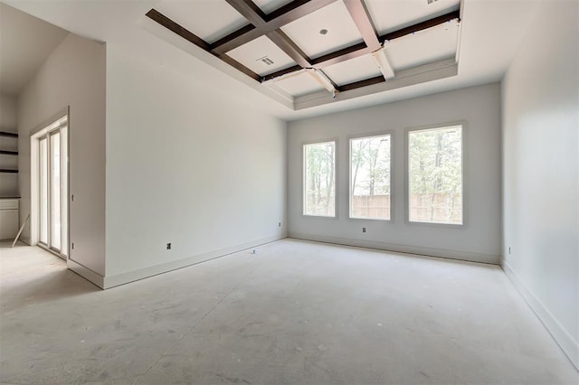 3825 Stone Hill Ln, Edmond, OK 73034 - spare room featuring unfinished concrete floors, coffered ceiling, beam ceiling, and baseboards