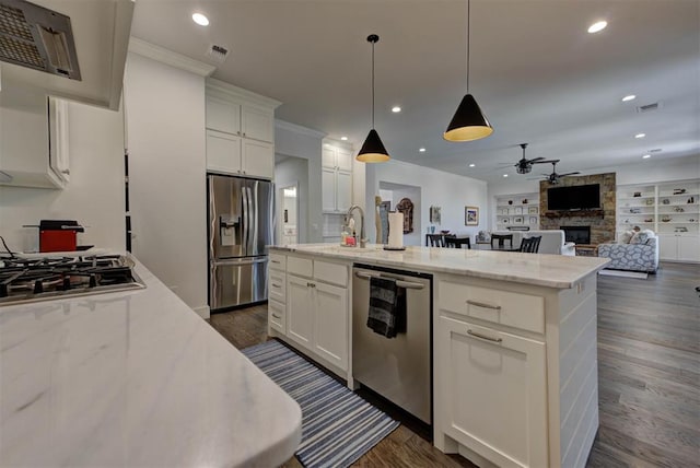 kitchen featuring stainless steel appliances, a sink, dark wood finished floors, range hood, and ceiling fan