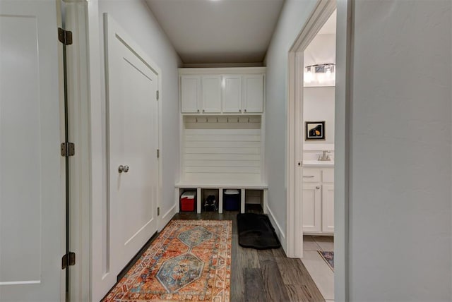 mudroom with dark wood-type flooring and a sink