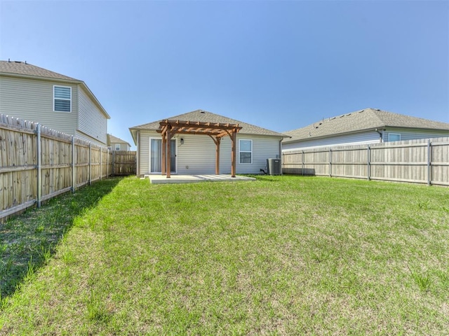 back of house featuring a pergola, a patio area, and central air condition unit