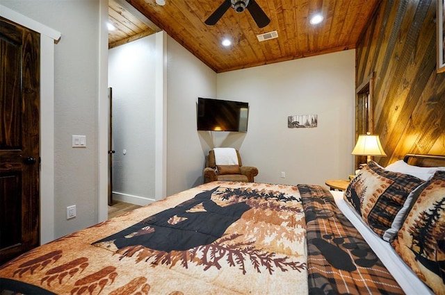 bedroom featuring wood ceiling, lofted ceiling, visible vents, and recessed lighting