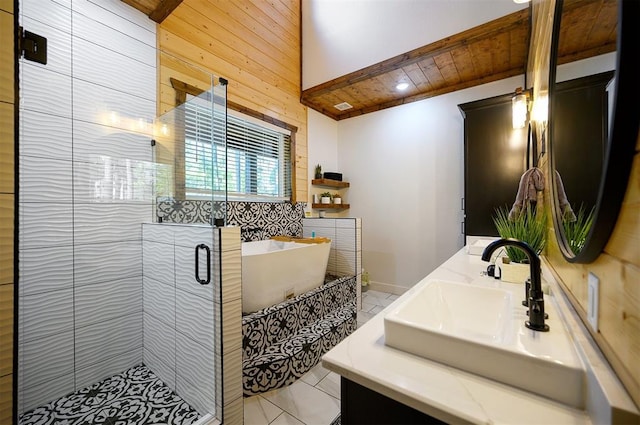 bathroom featuring a soaking tub, a sink, double vanity, a stall shower, and wooden walls