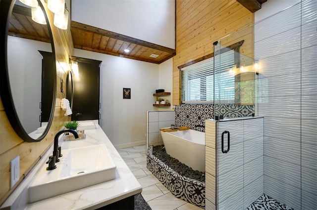 full bathroom featuring a shower stall, a sink, wooden walls, wood ceiling, and a freestanding bath