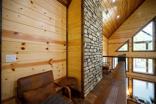 sitting room with dark wood-type flooring, a healthy amount of sunlight, wood walls, and wood ceiling