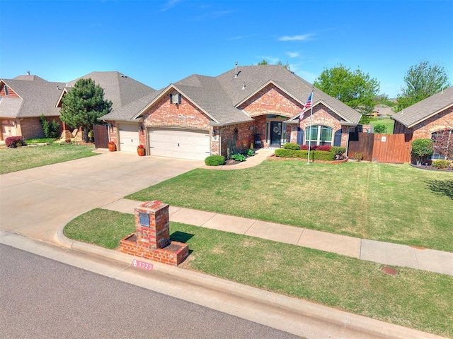 view of front of property with a front yard, brick siding, fence, concrete driveway, and an attached garage