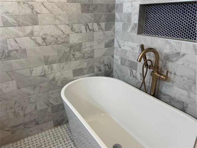 2813 Clermont Pl, Oklahoma City, OK 73116 - full bathroom featuring tile walls and a freestanding tub